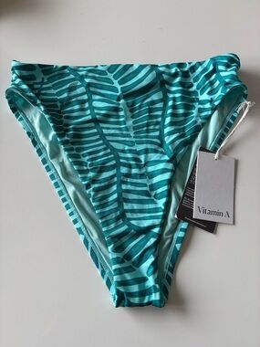 Vitamin A Teal & Aqua Leaf-Stripe High-Cut Bikini Bottom